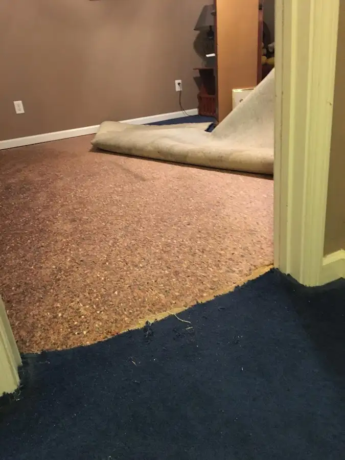Carpet pad removal revealing water damage during Drying & Dehumidification in Monticello
